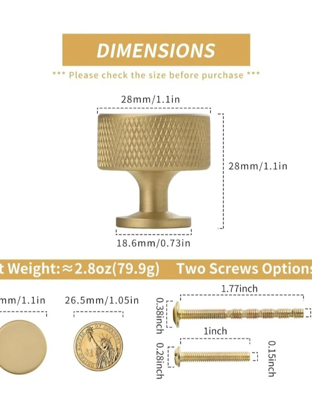 Urnew Brand 5 Pack Solid Brushed Brass 1.1